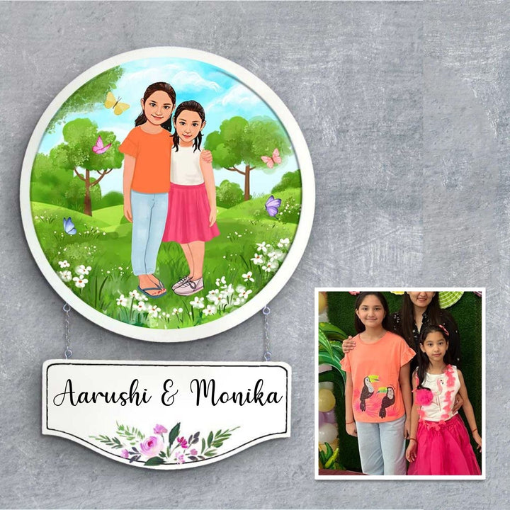 Photo Caricature Hanging Nameplate Teens Kids 1 - Front View with Name Personalization