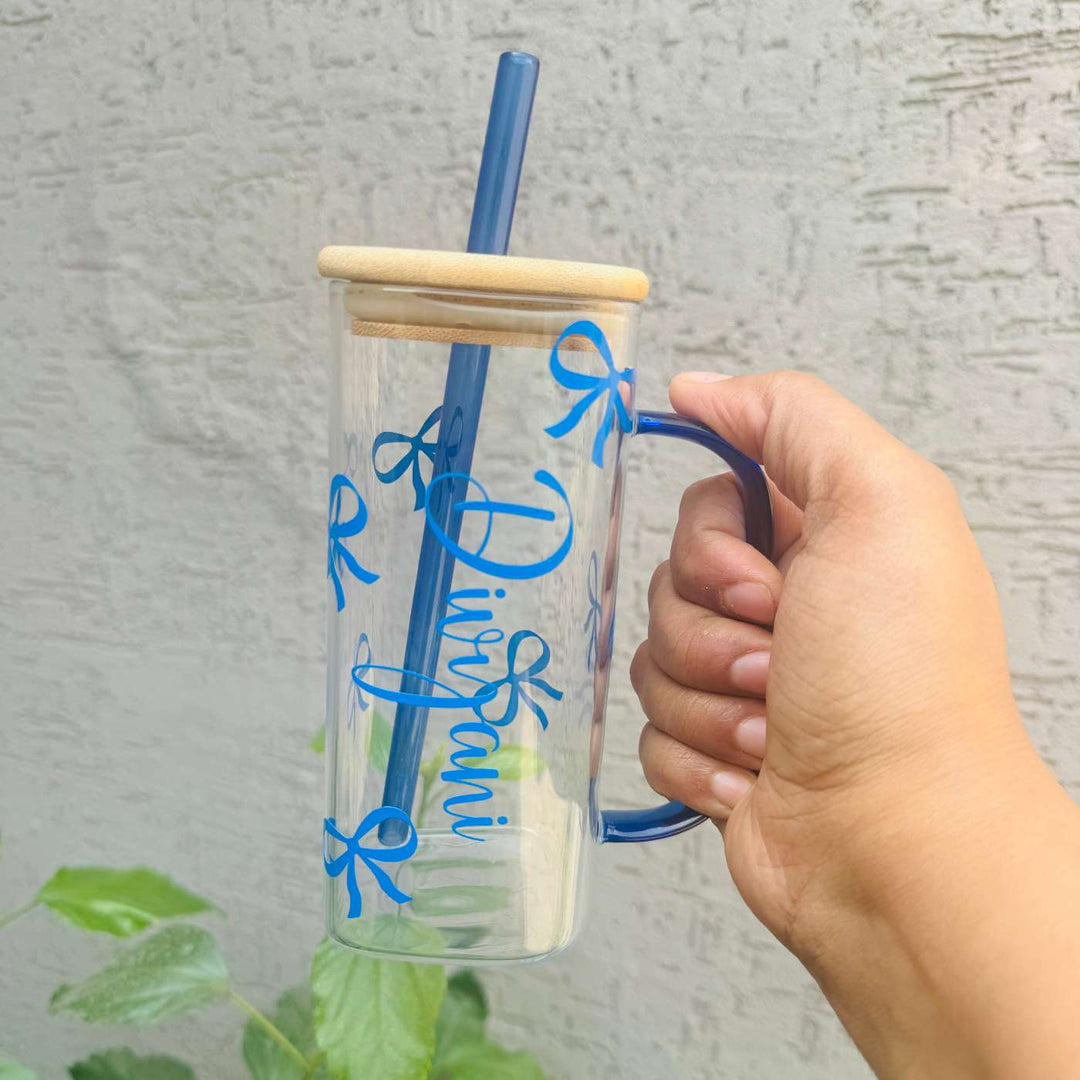 Personalized Ribbon Theme Glass Bottle With Straw