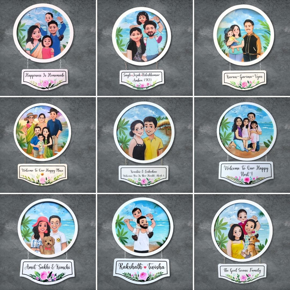 Photo Caricature Hanging Nameplate Small Family 3 - Personalized Family Portraits with Nameplates