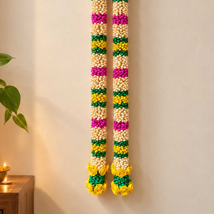 2 Pc | Handcrafted Looped Palm Leaf Door Hanging With Floral Pattern - Yellow & Pink