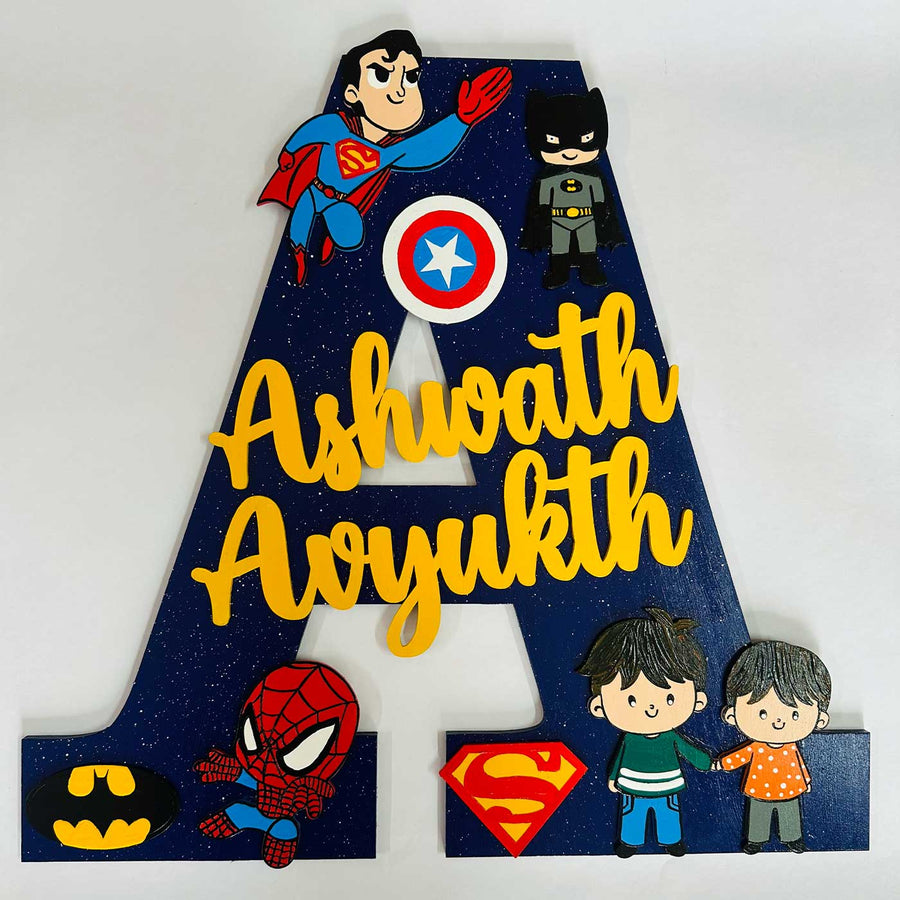 12 Inch Personalized Hand Painted Superhero Siblings Adventure Mdf Wood Monogram With 3D Letters - Front View with Name Personalization and Characters