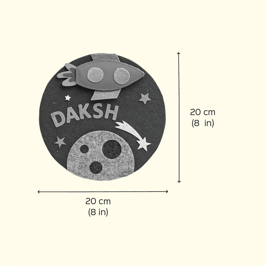 Personalized Handmade Space Theme Felt Hoop Name Plate - Dimension Chart with Name Personalization