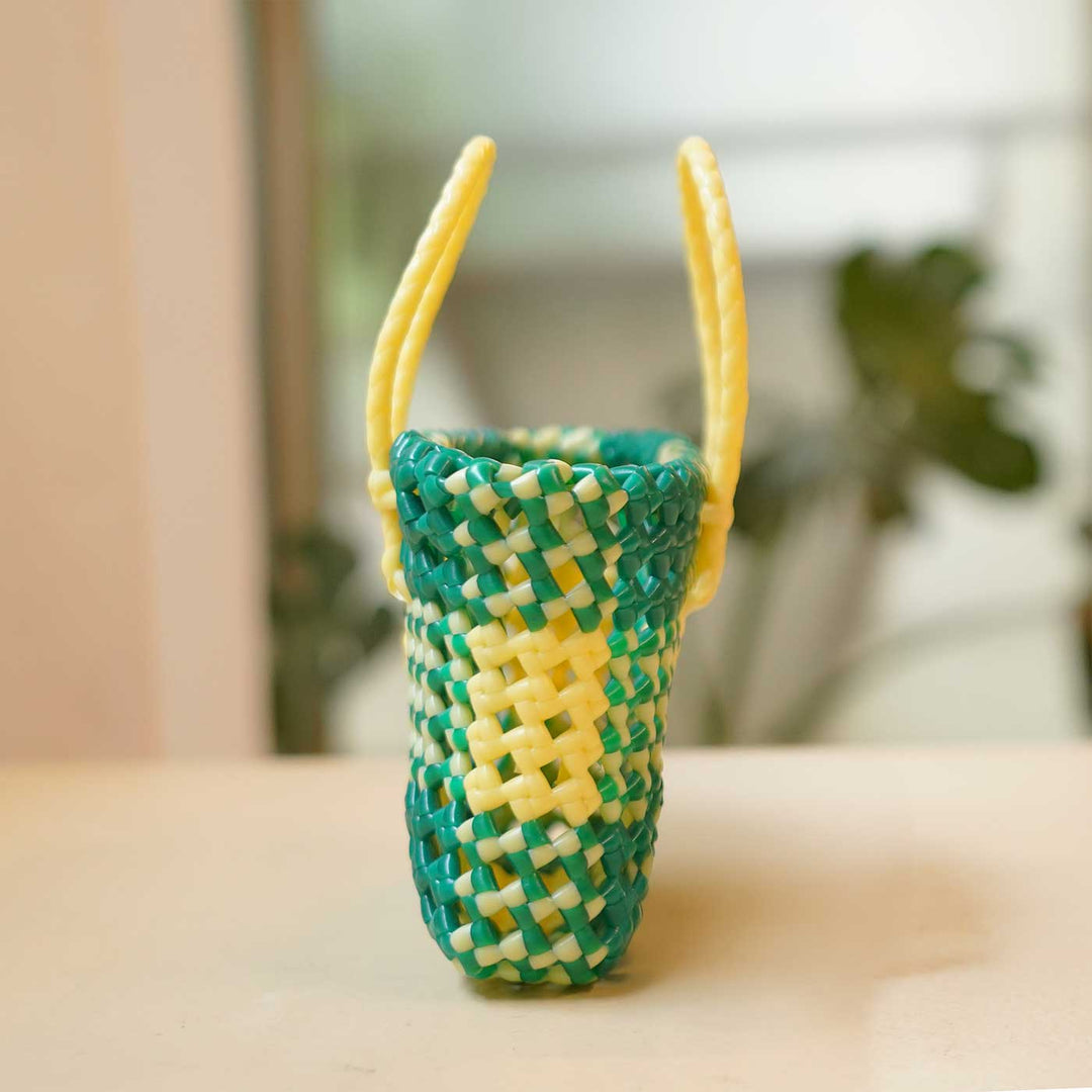 Mini Handwoven Green & Beige Plastic Wire Koodai Bag