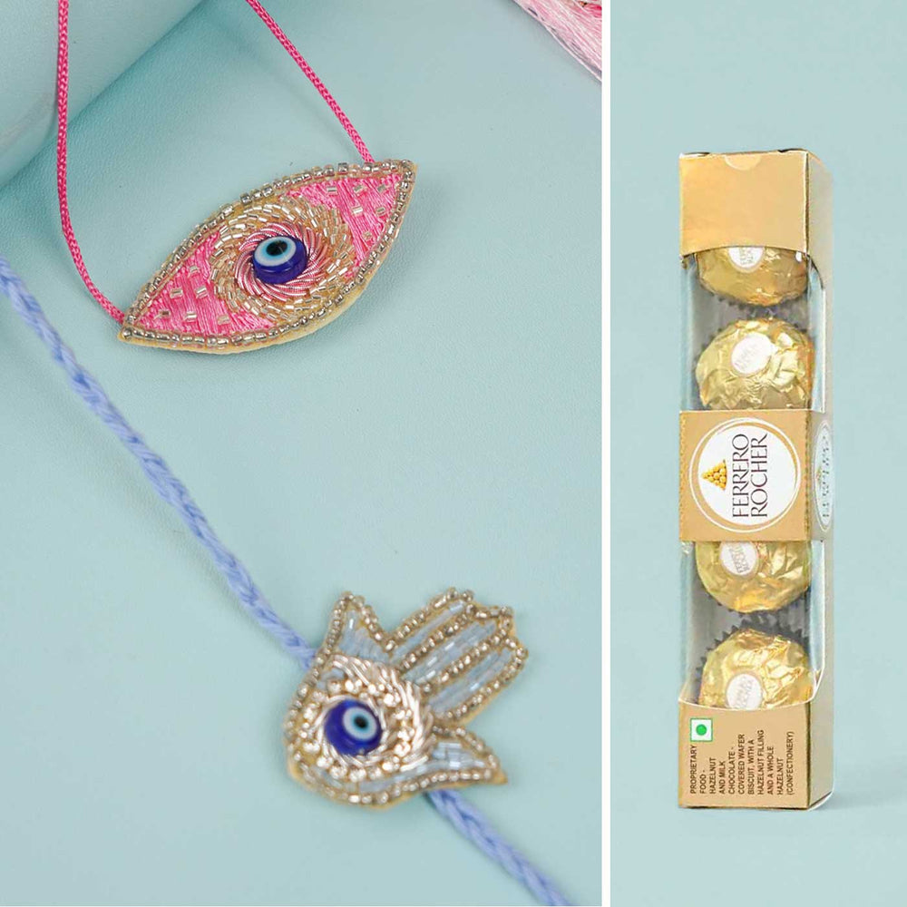 Handmade Beaded Evil Eye Bhaiya Bhabhi Rakhi With Roli Chawal - Charms and Chocolates Packaging