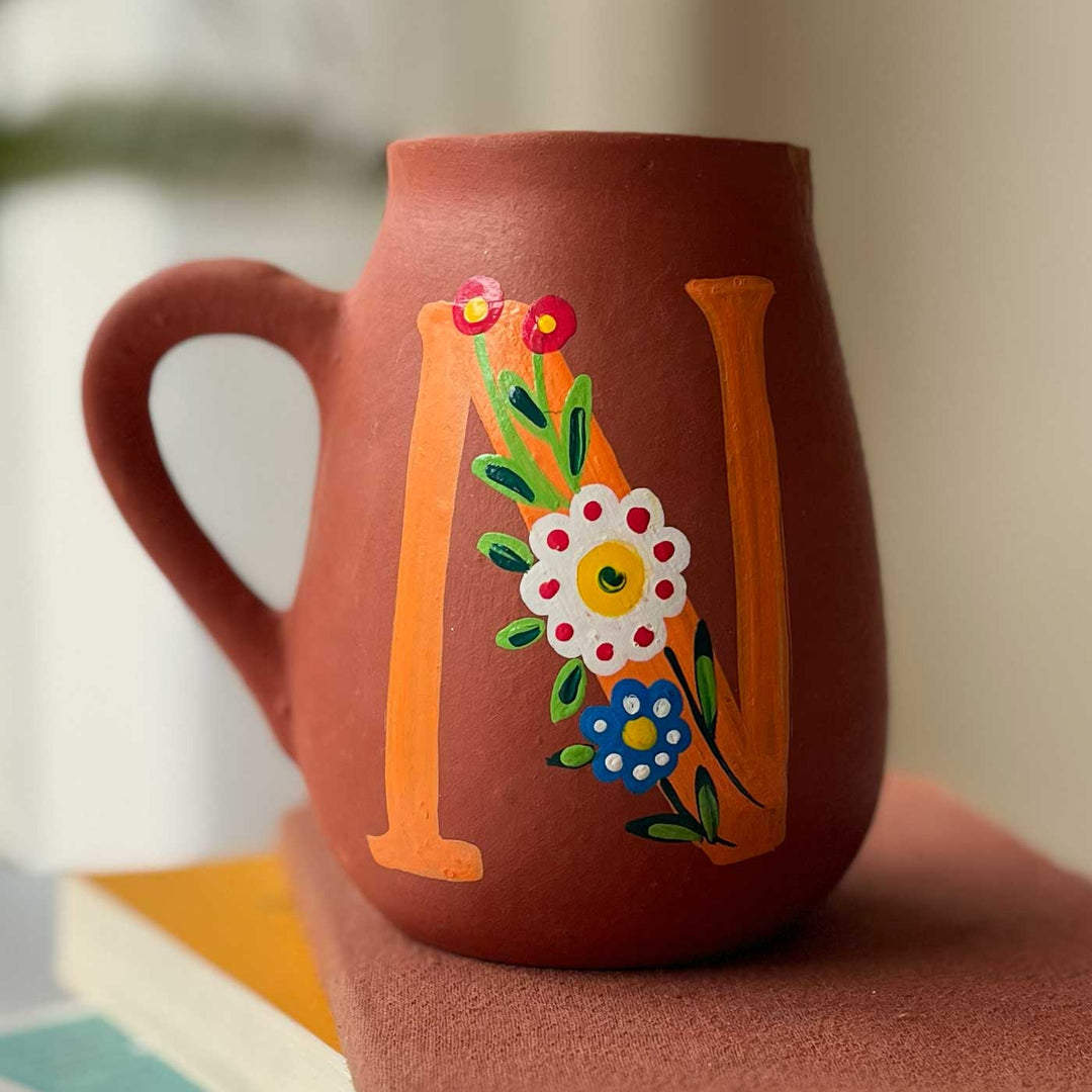 Personalized Hand-painted Floral Theme Monogram Terracotta Mug - N