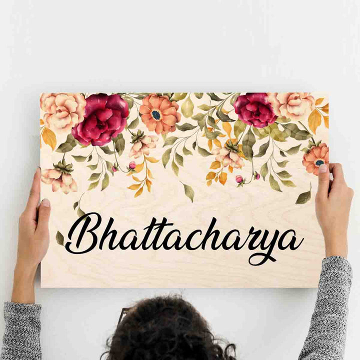 Printed Floret Wooden Rectangle Nameplate - Holding Front View with Personalization