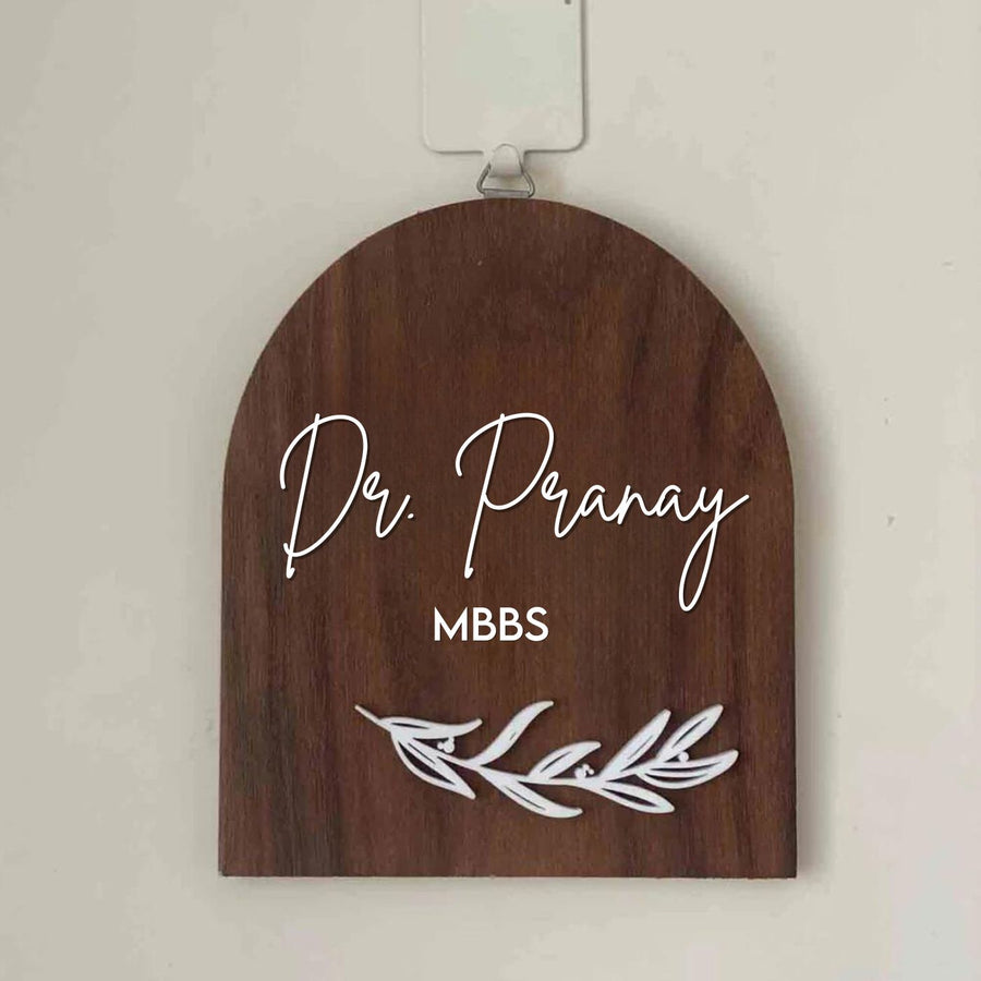 Small Minimal Arched Wooden Name Plate With 3D Acrylic Letters For Doctor - Front View Hanging on Hook