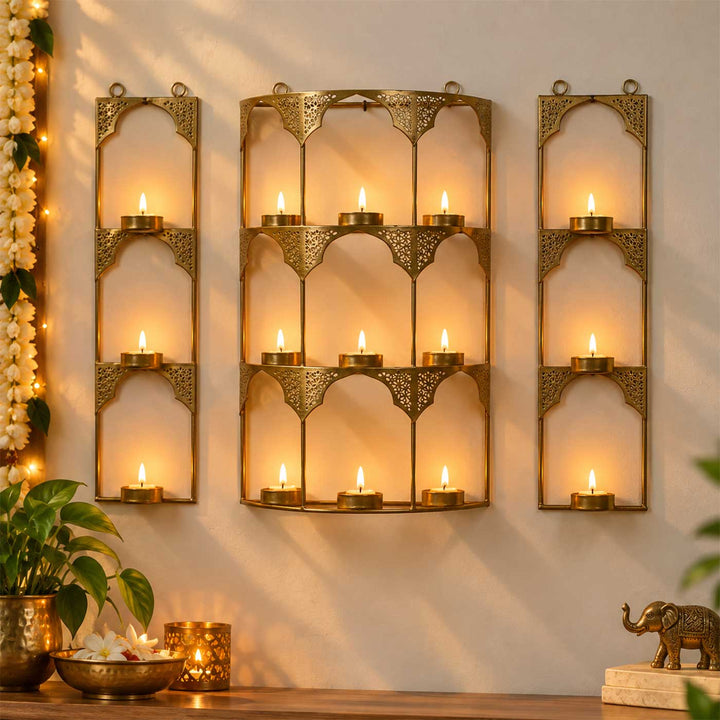 Set of 3 | Handmade Rectangular Etched Wall Mounted Metal Tealight Holders For Festive Decor