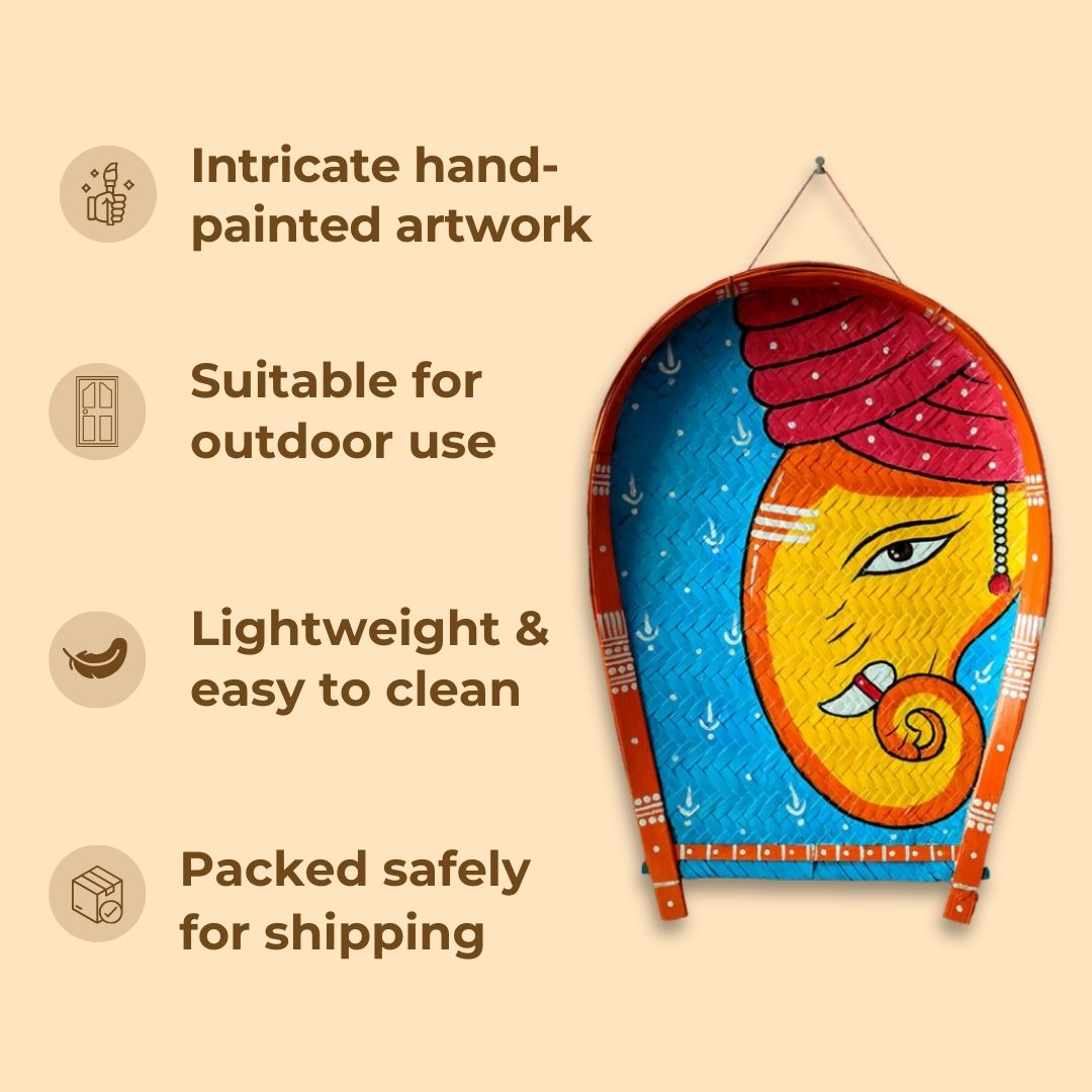 Handpainted Green Ganesha Bamboo Wall Decor