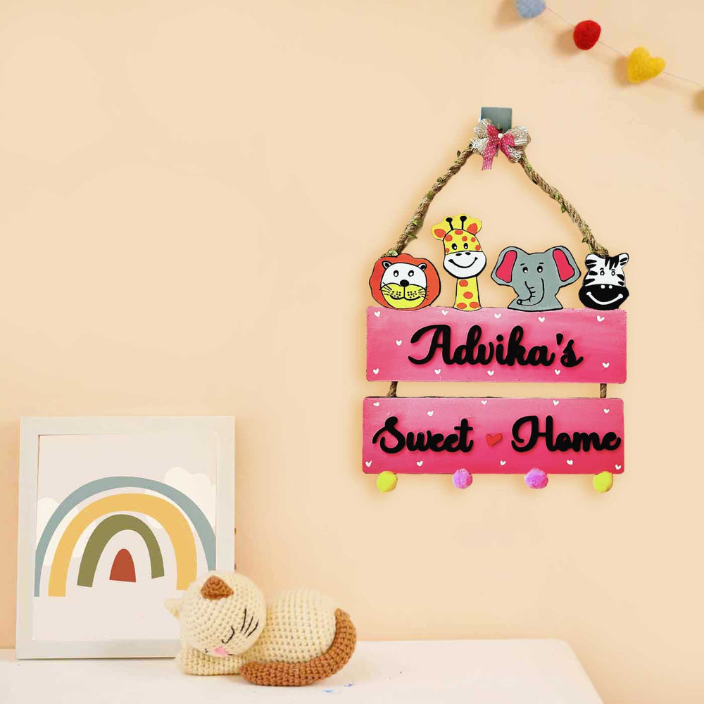 Personalized Hand Painted Wild Animals Themed Mdf Wood Kids Name Plate - Hanging Name Personalization Example