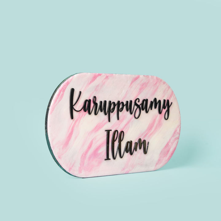 Handmade Resin Pink Black Oval Marbled Name Plate - Angled Side View Showing Depth