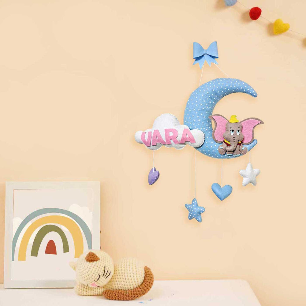 Personalized Elephant Themed Blue Felt Kids Name Plate - Hanging Wall Mobile with Name Personalization