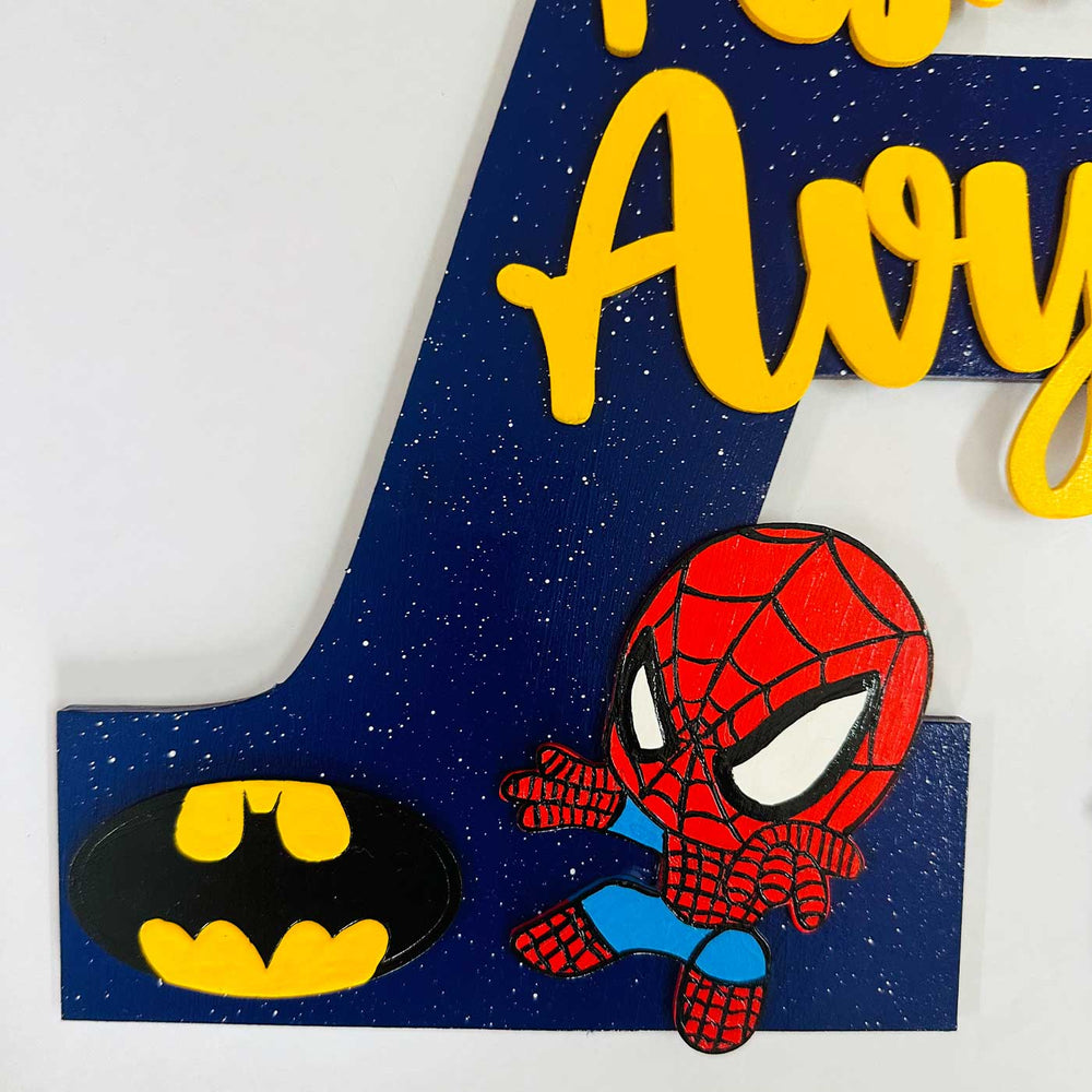 12 Inch Personalized Hand Painted Superhero Siblings Adventure Mdf Wood Monogram With 3D Letters - Personalization Detail Close-up