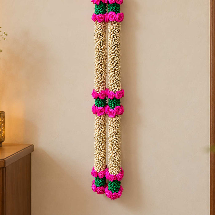 2 Pc | Handcrafted Looped Palm Leaf Door Hanging With Floral Pattern - Green & Pink