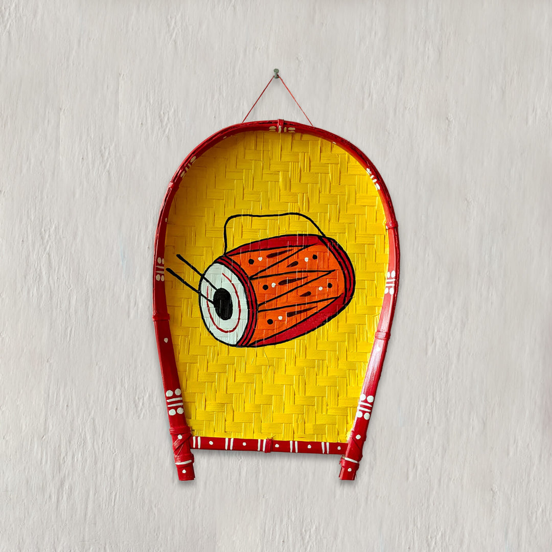 Handpainted Dhak Kulo | Yellow Durga Pujo Themed Bamboo Wall Decor