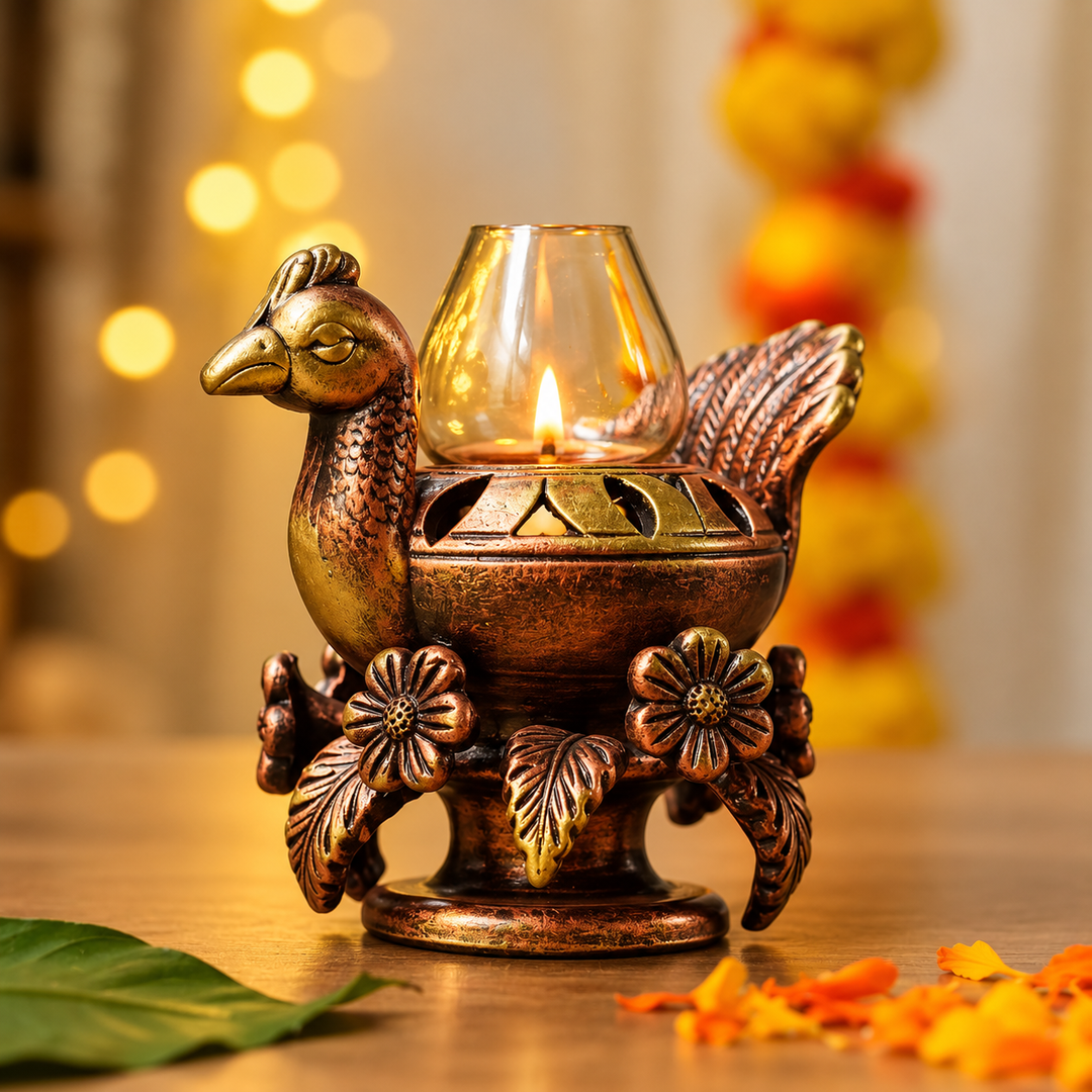 Handmade Peacock Terracotta Akhand Jyot Diya / Oil Lamp