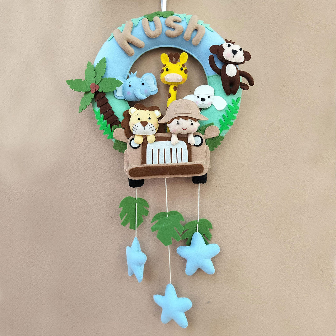 Personalized Kids Theme Felt Hoop Name Plate 10 - Front View Hanging on Wall