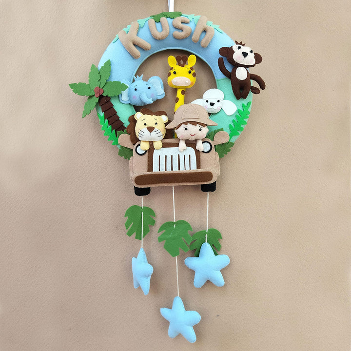Personalized Kids Theme Felt Hoop Name Plate 10 - Front View Hanging on Wall