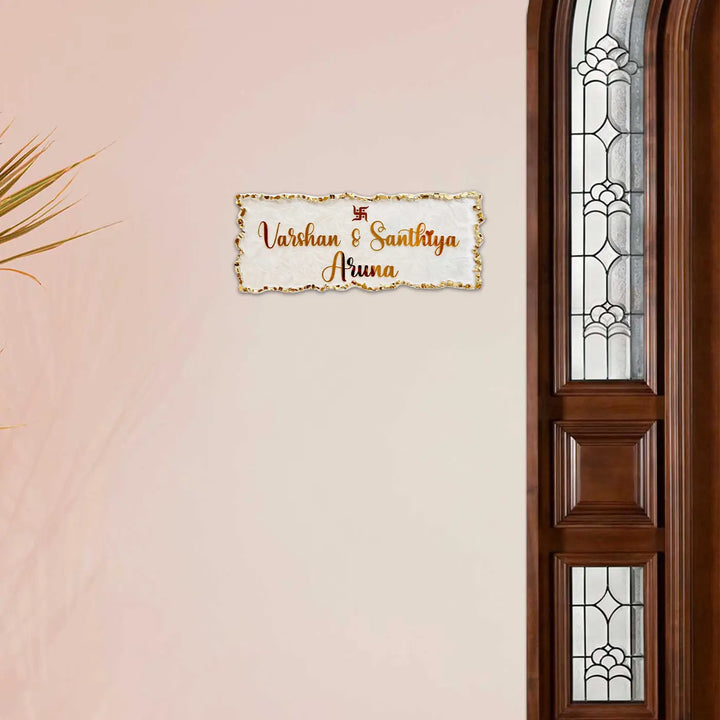 White & Gold Personalized Marble Effect Rectangle Resin Name Plate | With 3D Acrylic Letters & Gold Stone Embellishment