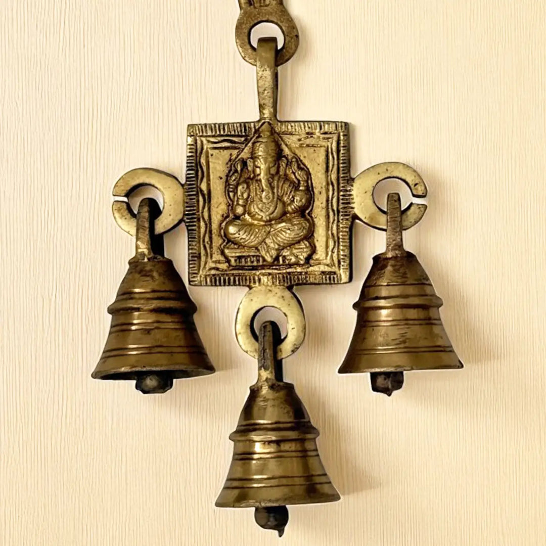 2 Pc | 7 Inch | Antique Finish Metal Ganesha Hangings With Bells