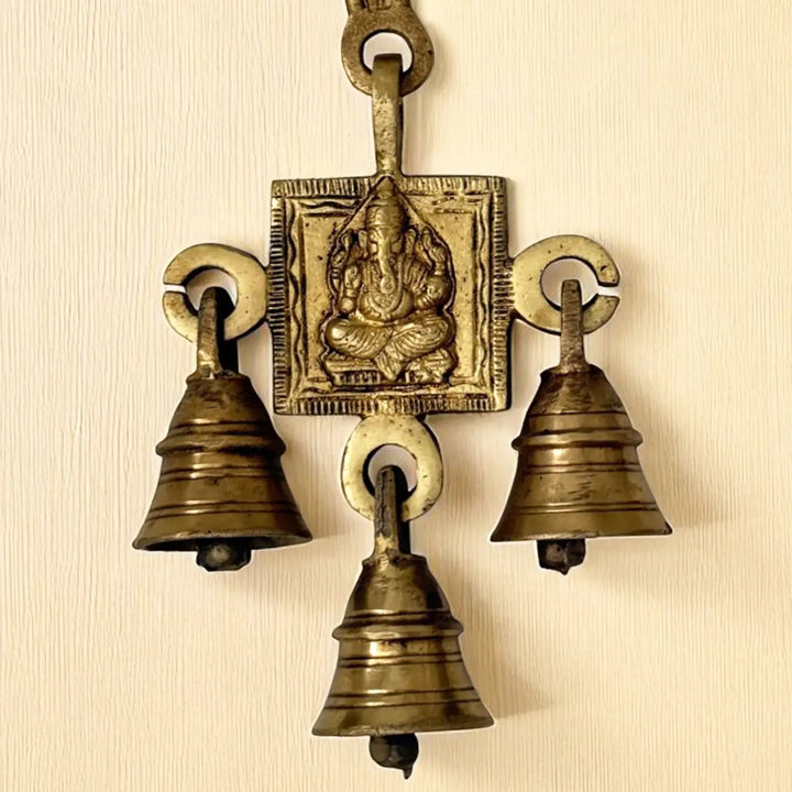 2 Pc | 7 Inch | Antique Finish Metal Ganesha Hangings With Bells