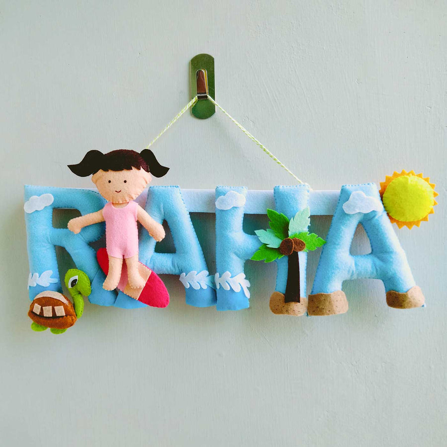 Personalized Beach Theme Felt Kids Name Plate - Hanging on Wall Hook