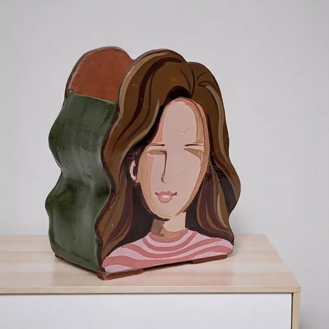 Customized Hand-Painted Lady Caricature Theme Terracotta Planter
