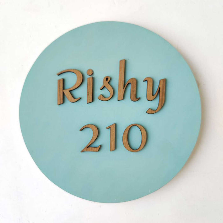 Personalized Minimal Blue Mdf Wood Name Plate - Name Personalization Example Front View