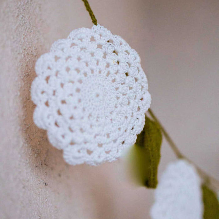 Handmade Crochet White Flower Boho Cotton Bunting - Close-up Hanging Decoration View