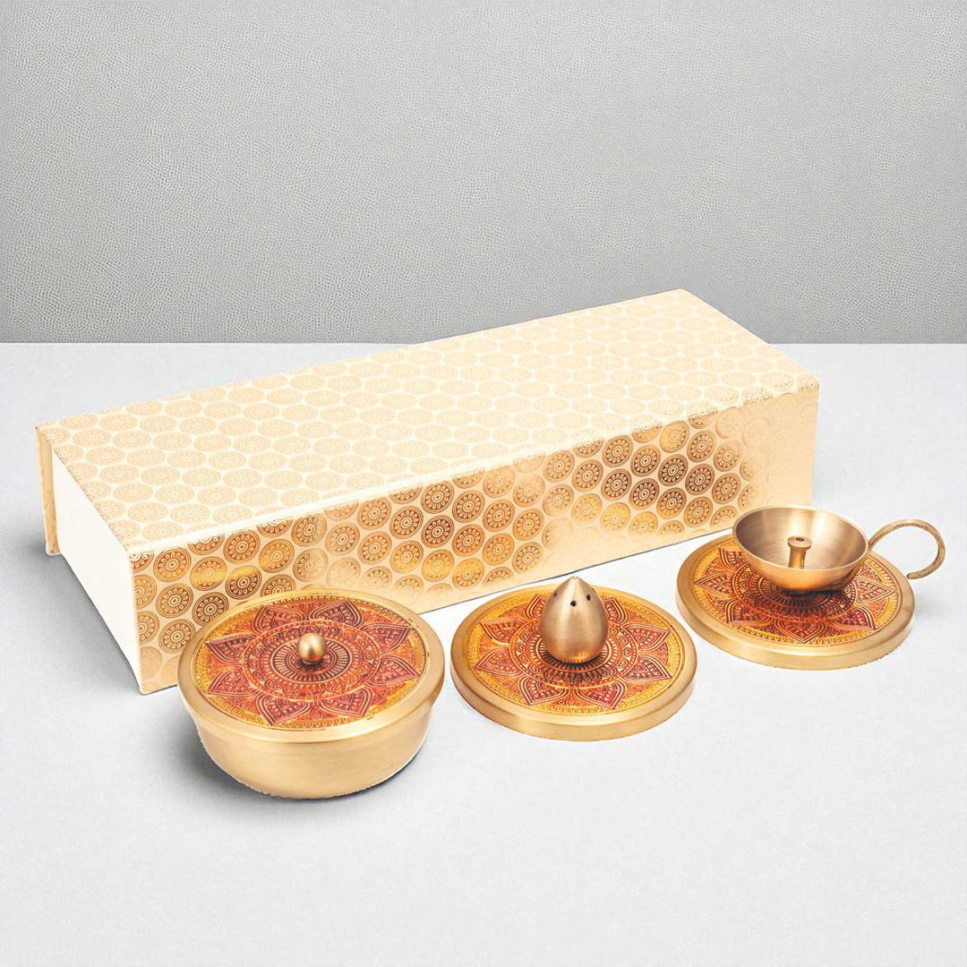 Hand-Painted Puri Brass Gift Hamper | Includes 1 Diya, 1 Incense Holder, 2 Containers And 1 Gift Box