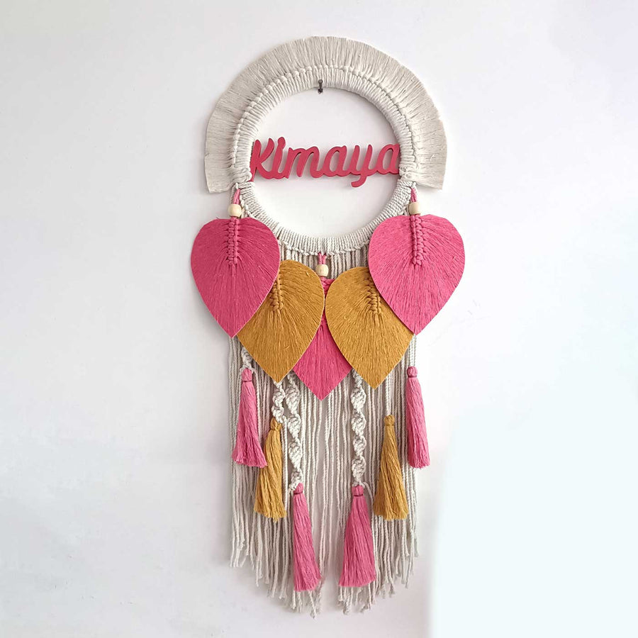 Personalized Pink And White Macrame Kids Fancy Name Plate - Front View Hanging on Wall