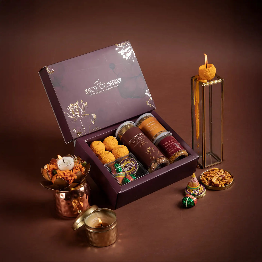 Sweets Savory Diwali Gift Hamper | Includes 1 Panchmeva Dry Fruits, 1 Aloo Bhujia, 1 Kashmiri Shahi Namkeen, 4 Cracker Chocolates, 4 Laddoo Candles, 1 Gift Box