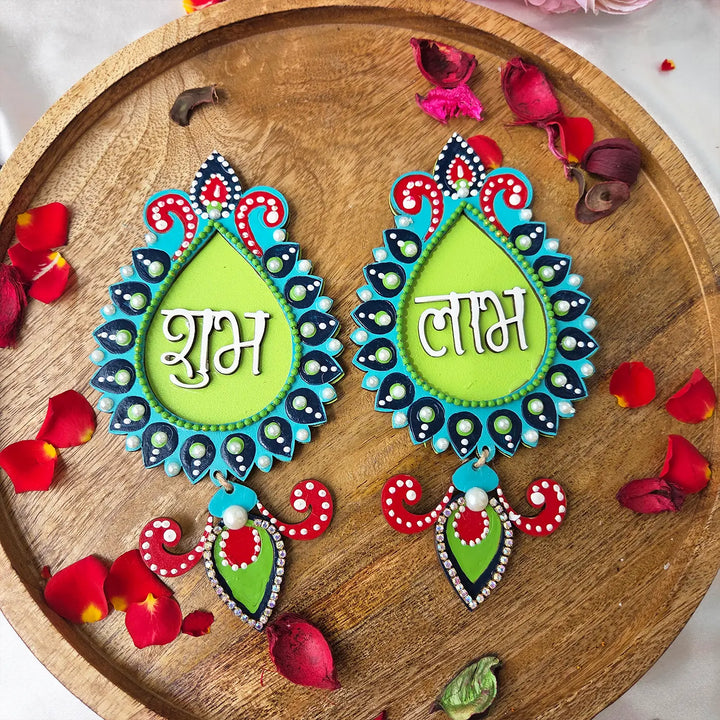 Hand-Painted Dot Art Peacock Theme MDF Wood Shubh Labh Hangings | Set Of 2