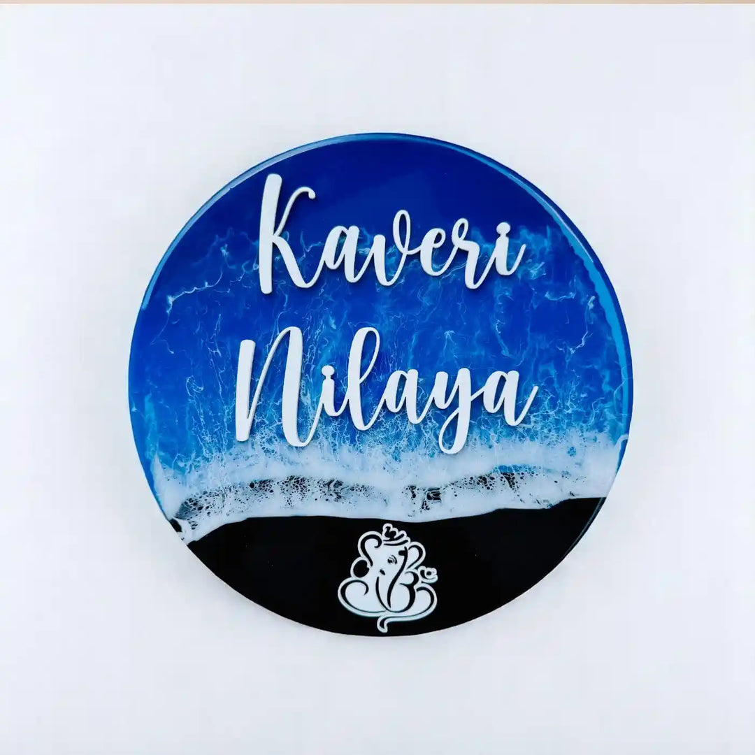 Blue Personalized Ocean Effect Round Resin Name Plate | With 3D Acrylic Letters