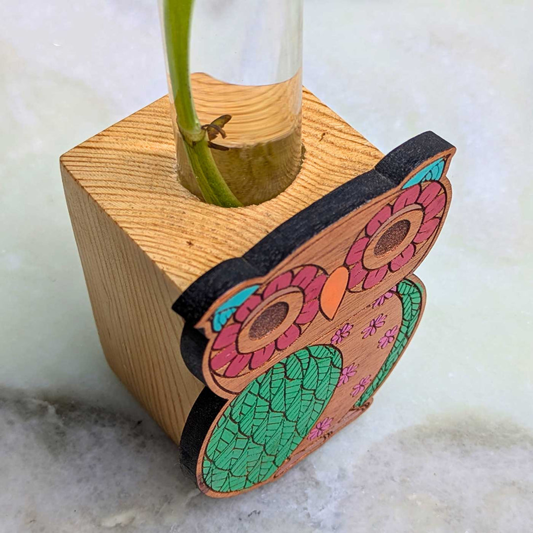 Hand-Painted Owl Wooden Cube Test Tube Planter For Desk Decor
