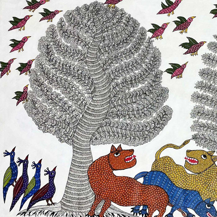 15 x 22 Inch | Nature & Animal behavior | Original Hand Painted Tribal Gond Art Painting | Acrylic Paints On Canvas