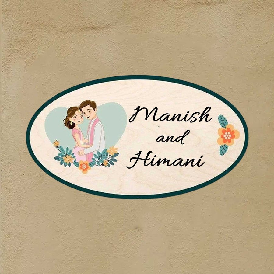 Printed Wooden Oval Character Nameplate For Family Couples Copy - Mounted on Wall with Personalization