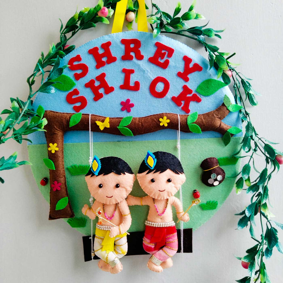 Personalized Krishna On Swing Theme Felt Kids Name Plate For Siblings - Personalized Name with Hanging Dolls