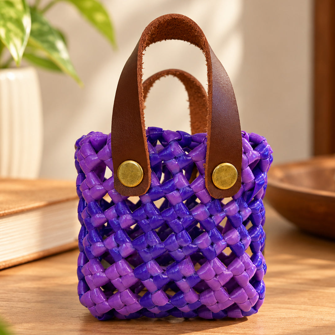 Handwoven Purple Mini AirPods Koodai Bag Charm/Gift Pouch With Brown Handles