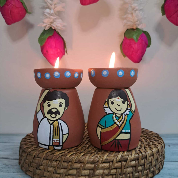 Hand-Painted Bengali Couple Theme Terracotta Tealight Holder | Set Of 2