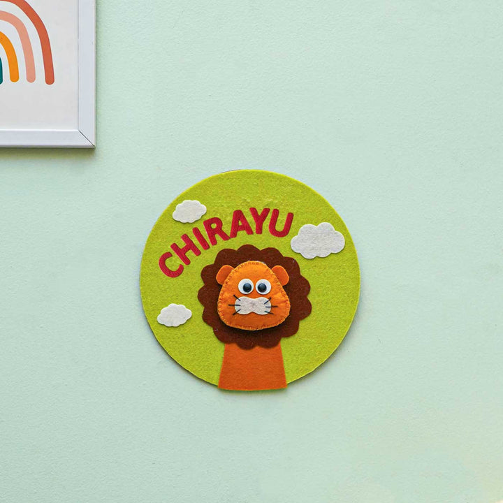 Personalized Handmade Lion Theme Felt Hoop Name Plate - Mounted on Wall with Name Personalization