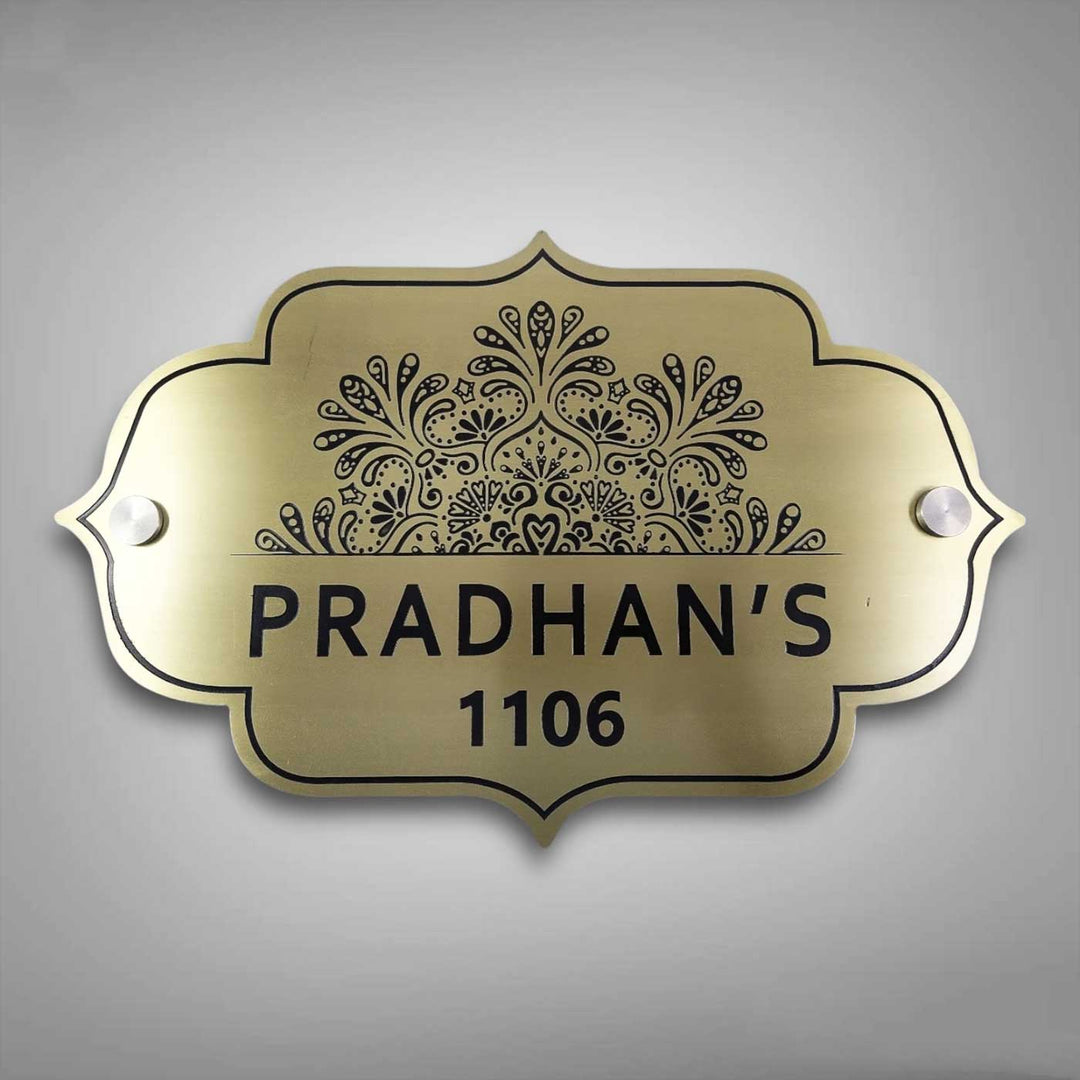 Personalized Weatherproof Elegant Gold Stainless Steel Name Plate 1 - Front View Mounted on Wall