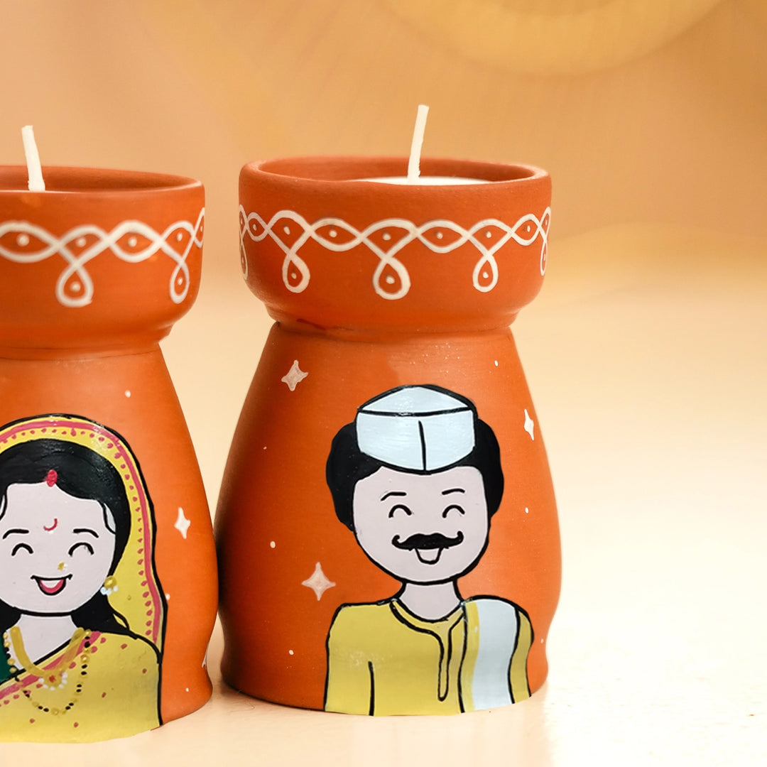Hand-Painted Marathi Couple Terracotta Tealight Holder | Set Of 2