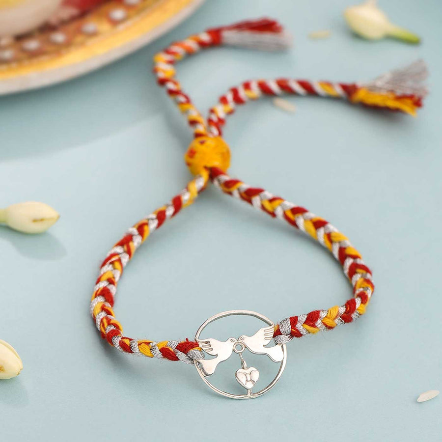 Handmade Dove Design Silver Rakhi For Brother - Close-up of Entire Bracelet