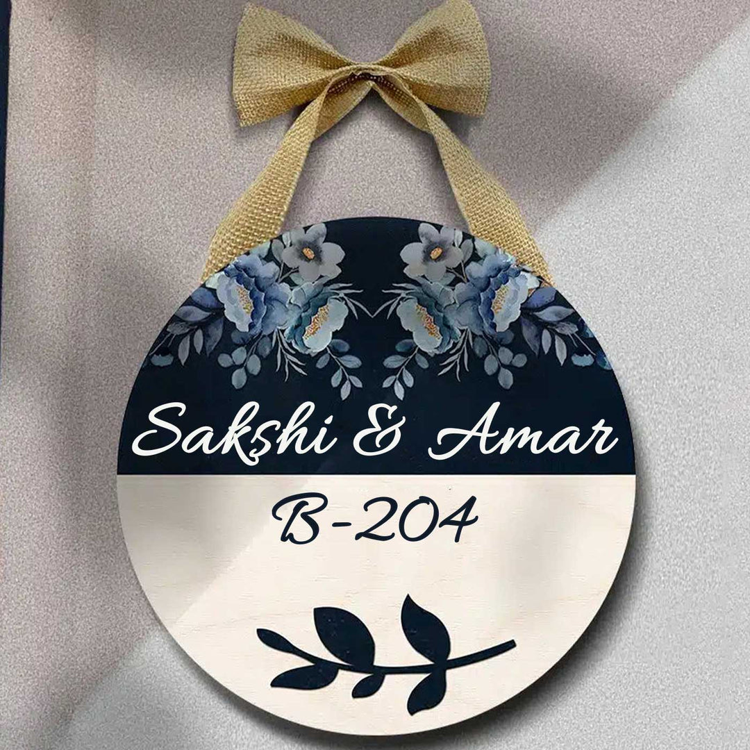 Printed Floral Wooden Round Nameplate For Couples With Bow - Hanging with Bow on Wall
