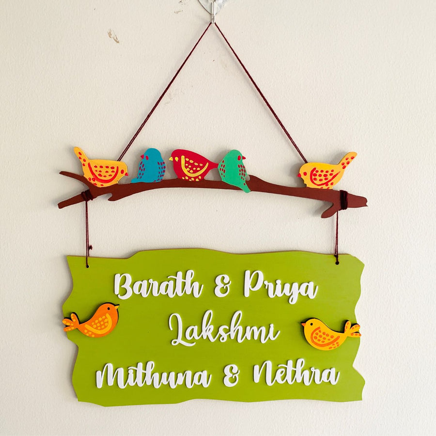 Personalized Sparrow Family Plank Nameplate - Front View Hanging on Hook