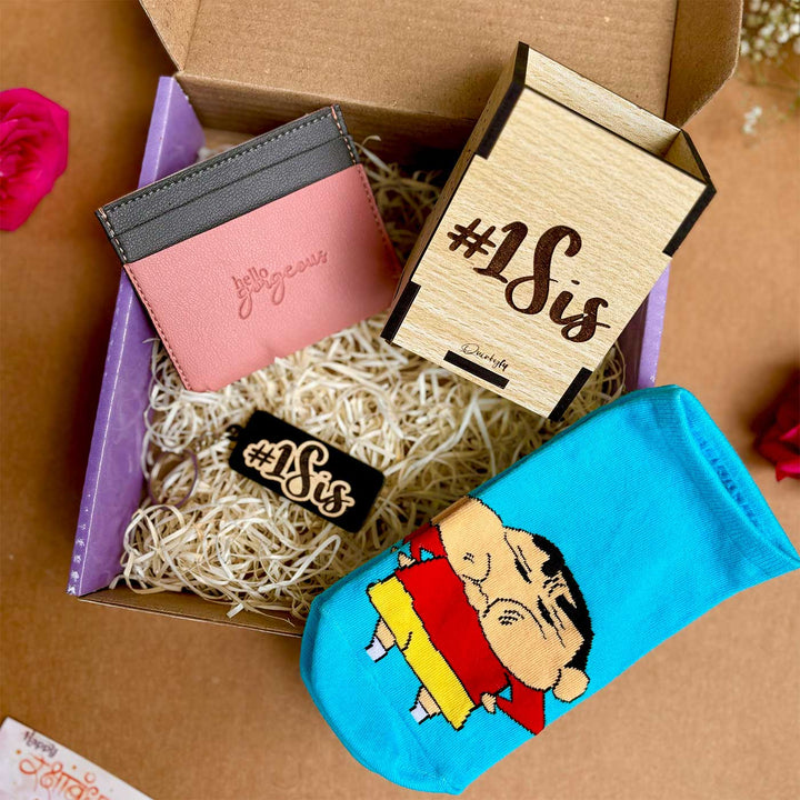 Sinchan Theme Gift Hamper For Sisters | Includes 1 Pair Socks, 1 Keychain, 1 Pen Holder & 1 Card Wallet