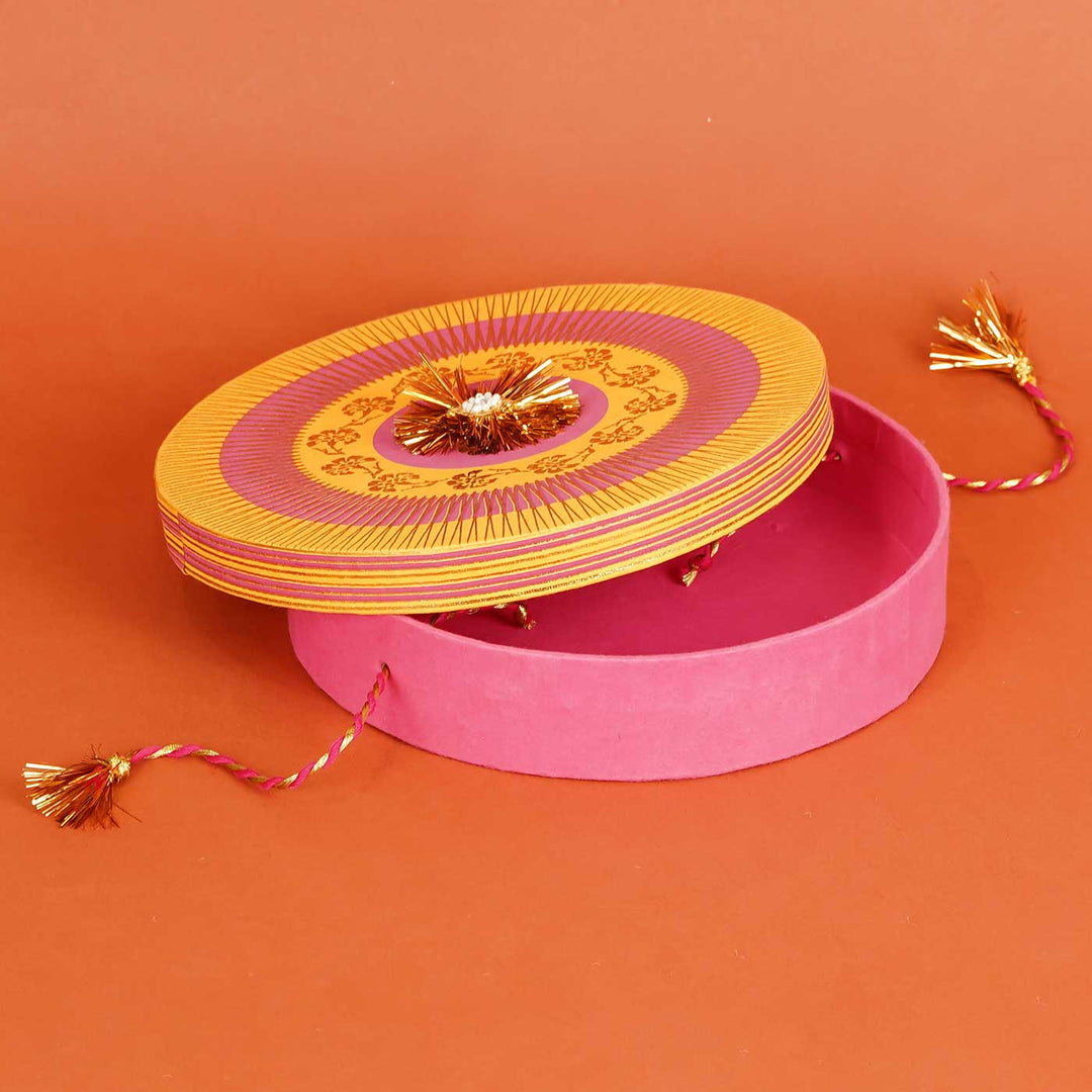 Handmade Pink And Yellow Rakhi Design Paper Gift Box
