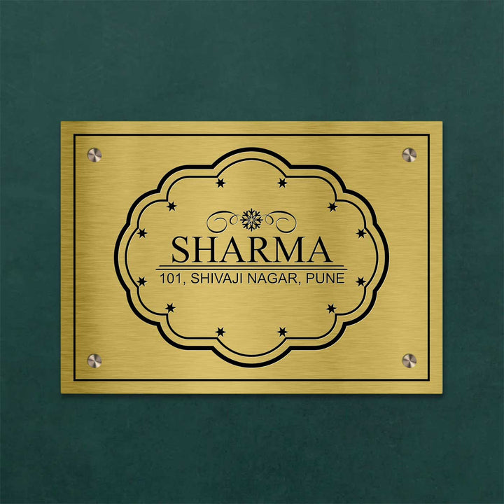 Personalized Weatherproof Sleek Engraved Gold Stainless Steel Name Plate - Front View Mounted on Wall