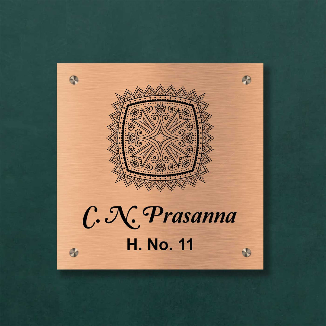 Personalized Weatherproof Ethereal Engraved Gold Stainless Steel Name Plate - Front View Mounted on Wall